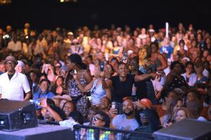 Concert goers seated outdoors at Harbourfront Centre watching a live performance.