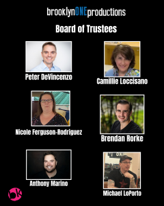 Graphic featuring the newly announced Board of Trustees for brooklynONE productions. The image includes professional headshots of six members: Peter DeVincenzo, Camille Loccisano, Nicole Ferguson-Rodriguez, Brendan Rorke, Anthony Marino, and Michael LoPor