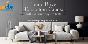 nice image of a clean living room with text information about NAEBA's upcoming homebuyer education course printed over the image