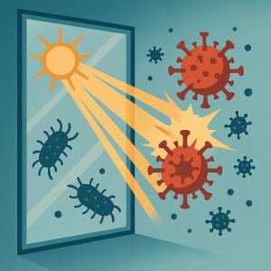 Illustration showing antiviral sun rays entering through Sunexx glazing into an indoor space, actively destroying viruses and bacteria.