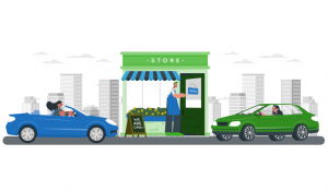 illustration of cars passing a small business with owner waving