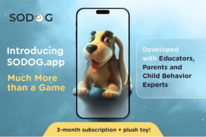 Cartoon dog inside a smartphone with promotional text about the SoDog app and educational value.