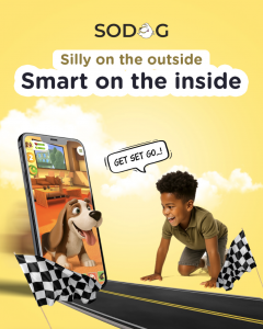 Smiling boy in racing position beside a phone with SoDog character and racing flags.