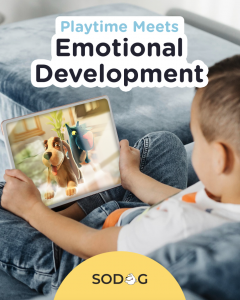 A child holding a tablet showing the SoDog AI dog and blue bird on screen, with “Playtime Meets Emotional Development” text.