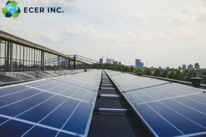 Solar panels on a rooftop of the building