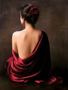 Painting "Impressions No.2" by Ivan Pili, depicting a female figure with a red rose and draped fabric, symbolizing elegance and introspection.