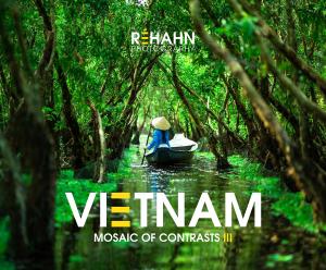 Cover of Vietnam, Mosaic of Contrasts III featuring “Harmony” by Réhahn, showing a Vietnamese woman rowing a wooden boat through a flooded melaleuca forest in the Mekong Delta.