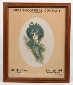 Mounted and framed advertisement for Old Tea Cup and Springfield Straight Whiskeys, with a Gibson Girl type image, 18 inches by 22 inches, in near new condition (estimate: $750-$1,500).
