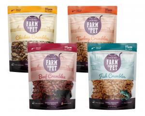 Bags of Chicken Crumbles, Turkey Crumbles, Beef Crumbles and Fish Crumbles cat treats from Farm to Pet