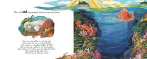 A sample page from This Is the Ocean, showing a seal trying to catch an octopus