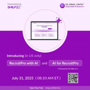 Launch promo for SHILP.ai’s RecruitPro with AI and AI for RecruitPro (Enterprise Add‑on) by Global Data Solutions. Launching July 31, 2025, 08:10 AM ET. Features platform preview, logos, QR code, and free trial link at SHILP.ai (U.S. only)