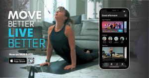 Woman practicing yoga at home with Step.co app open on mobile, featuring user's screen and tagline “Move Better. Live Better” with iOS download badge and QR code.
