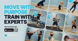 Collage of Step.co coaches demonstrating fitness, dance, martial arts, and mobility workouts, with bold text reading “Move with Purpose. Train with Experts” and app store download icons.