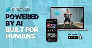 Step.co app interface displayed across iPhone, tablet, and laptop screens with the text “Powered by AI, Built for Humans” emphasizing the app’s availability on iOS and Web.