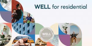 Graphic showing the WELL for Residential logo with diverse wellness imagery, indicating pilot program participation.
