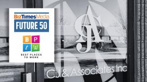 CJ & Associates recognized as a 2025 Future 50 company and Best Places to Work finalist, with logos from BizTimes Media and Milwaukee Business Journal displayed on office entrance.