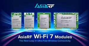 AsiaRF Wi-Fi 7 module lineup image showcasing four wireless modules from left to right: AW7990-AED, AW7990-NPD, AW7991-AE2, and AW7995-AE1. The modules highlight high-speed wireless connectivity ranging from 3600 Mbps to 14000 Mbps, with the slogan "The N