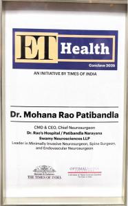 Framed ET Health Award 2025 certificate honoring Dr. Mohana Rao Patibandla as CMD & CEO of Dr. Rao’s Hospital for excellence in minimally invasive neurosurgery and spine surgery.