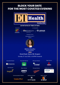 Digital invitation for the ET Health Conclave 2025 organized by Times of India, highlighting the event date, venue, and Guest of Honour Mahima Chaudhry, along with partner logos and sponsors.