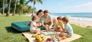 A smiling family relaxing and playing on a QPAU inflatable camping mat at the beach, enjoying the sunshine and togetherness.
