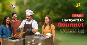 Chef cooking skewered meat in stainless steel tandoor oven outdoors, surrounded by smiling friends, with the text 'From Backyard to Gourmet – How Tandoor Ovens Are Shaping the Future of Outdoor Cooking' and Tandoor Morni branding.