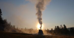 A steaming Lonestar Geyser from the Continental Divide Trail in Yellowstone National Park.
