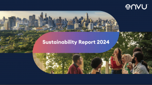 Cover image for the 2024 Envu Sustainability Report featuring a panoramic cityscape above a green urban park, with a diverse group of people smiling and enjoying time together outdoors — representing the intersection of nature, society and well-being.