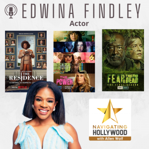 Actress Edwina Findley in front of posters from her TV shows and the Navigating Hollywood Podcast logo