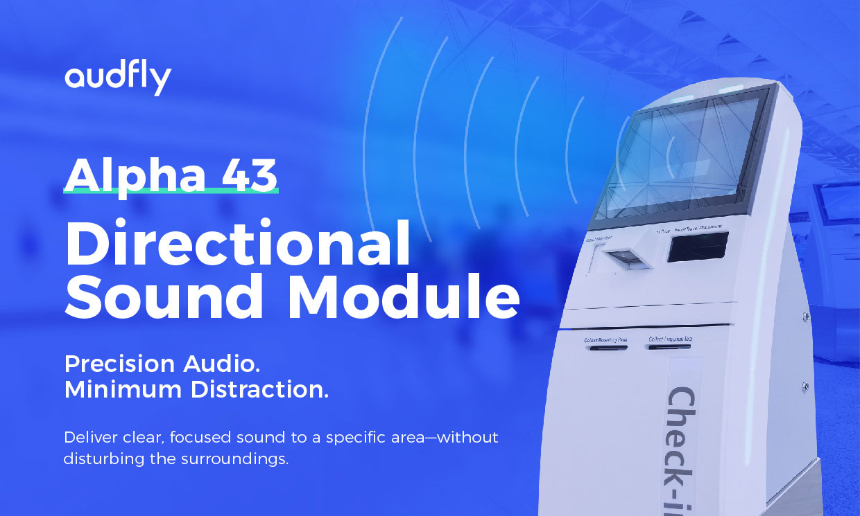 Audfly Alpha43 directional sound module integrated into a self-service kiosk, delivering focused, privacy-protected audio directly to the user while minimizing sound spillover to surrounding areas.