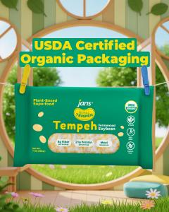 Royal Tempeh USDA Certified Organic fermented soybean tempeh in vibrant green packaging, featuring plant-based, non-GMO, vegan, and gluten-free labels, displayed in a fresh outdoor-inspired setting.