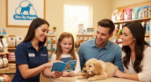 Happy Family Meets their new puppy at Blue Sky Puppies Pet Store