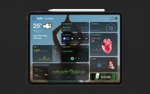 Integrated Health Board Dashboard. This screen consolidates various health data—weather, step count, sleep hours, medication reminders, health score, and heart age—into one intuitive display.