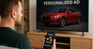A men stand in front of tv with his phone in right hand receiving reward