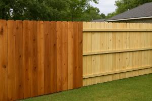 A side-by-side photo of cedar and pine wood fences, showing differences in color, texture, and grain, suitable for evaluating fencing options in humid climates like Louisiana.