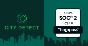 "City Detect logo and city skyline on the left; AICPA SOC 2 Type II certification badge with Thoropass logo on the right, representing security compliance."