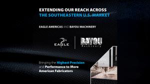 Graphic for an official press release about new partnership between Eagle Americas and Bayou Machinery - machine and captions.