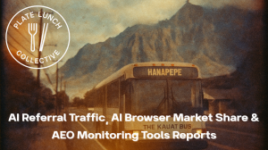 An Image of The Kauai Bus with overlay text AI Referral Traffic, AI Browser Market Share & AEO Monitoring Tools Reports