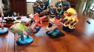 Steven Lee Smeltzer sample collection shot from Foundry Michelangelo HQ. Colorful fish, Oops fisherman on small boat catching large whimsical fish, octopus
