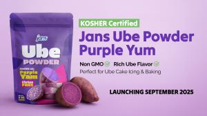 Kosher-certified Jans Ube Powder Purple Yam in purple packaging with sliced yams, labeled Non-GMO and Gluten-Free, launching September 2025.