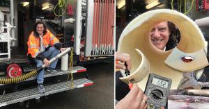(Left) Chairman & CEO, Chuck Hansen sits on the back of one of his reengineered CCTV vans used for electro scanning. (Right) Example tests of an exhumed lined pipe with leaks measured by Electro Scan, not easily seen by CCTV cameras.