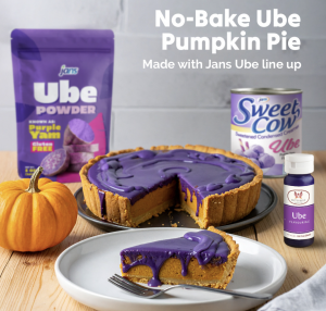 A no-bake ube pumpkin pie with a slice served on a plate, featuring Jans Ube Powder, Sweet Cow Ube Condensed Creamer, and Butterfly Ube Flavoring.