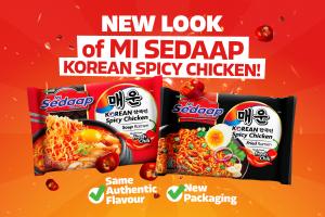New packaging of Mi Sedaap Korean Spicy Chicken instant noodles featuring Soup Ramen and Fried Ramen variants with vibrant colors and fresh chili graphics.