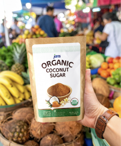 A hand holding a pack of Jans Organic Coconut Sugar in front of a colorful traditional market display filled with bananas, coconuts, and other produce.