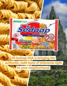 Mi Sedaap Original Fried Noodles package set against a background of dry noodles and a traditional Indonesian temple, with campaign text introducing the product to U.S. markets.