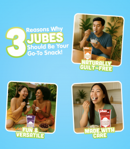 Three lifestyle shots of people enjoying different Jubes flavors with captions: "Naturally Guilt-Free", "Fun & Versatile", and "Made with Care".