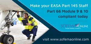 Aircraft maintenance engineer inspecting landing gear with clipboard; promotional banner text reads 'Make your EASA Part 145 Staff Part 66 Module 9 & 10 compliant today' with Sofema Online logo and website link
