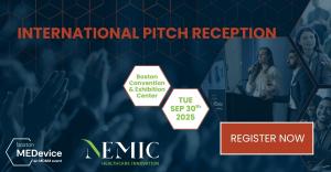 This image shows the logos of both NEMIC (New England Medical Innovation Center) and MEDevice Boston by Informa.  It advertises the NEMIC International Pitch Reception set to take place in Boston at BCEC on September 30, 2025.