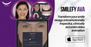 A promotional graphic for SmileFy AVA showing a smiling patient, 3D smile design interface, and a tablet preview of the AI-generated smile animation. Text reads: “Transform your smile design into emotionally impactful, clinically accurate video animation.