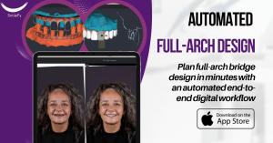Promotional graphic showcasing SmileFy’s automated full-arch design workflow. Includes intraoral scan visuals, a before-and-after smile simulation, and text reading: “Plan full-arch bridge design in minutes with an automated end-to-end digital workflow.”