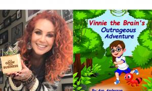 Image of voice actor Melissa Chase alongside the cover of the new children's book, “Vinnie the Brain’s Outrageous Adventure”